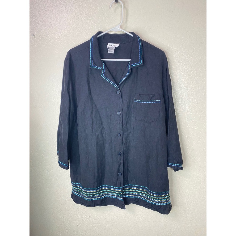 Vintage ELCC Silk Linen Embroidered Button Up Shirt Black Womens 1X 3/4 Sleeve